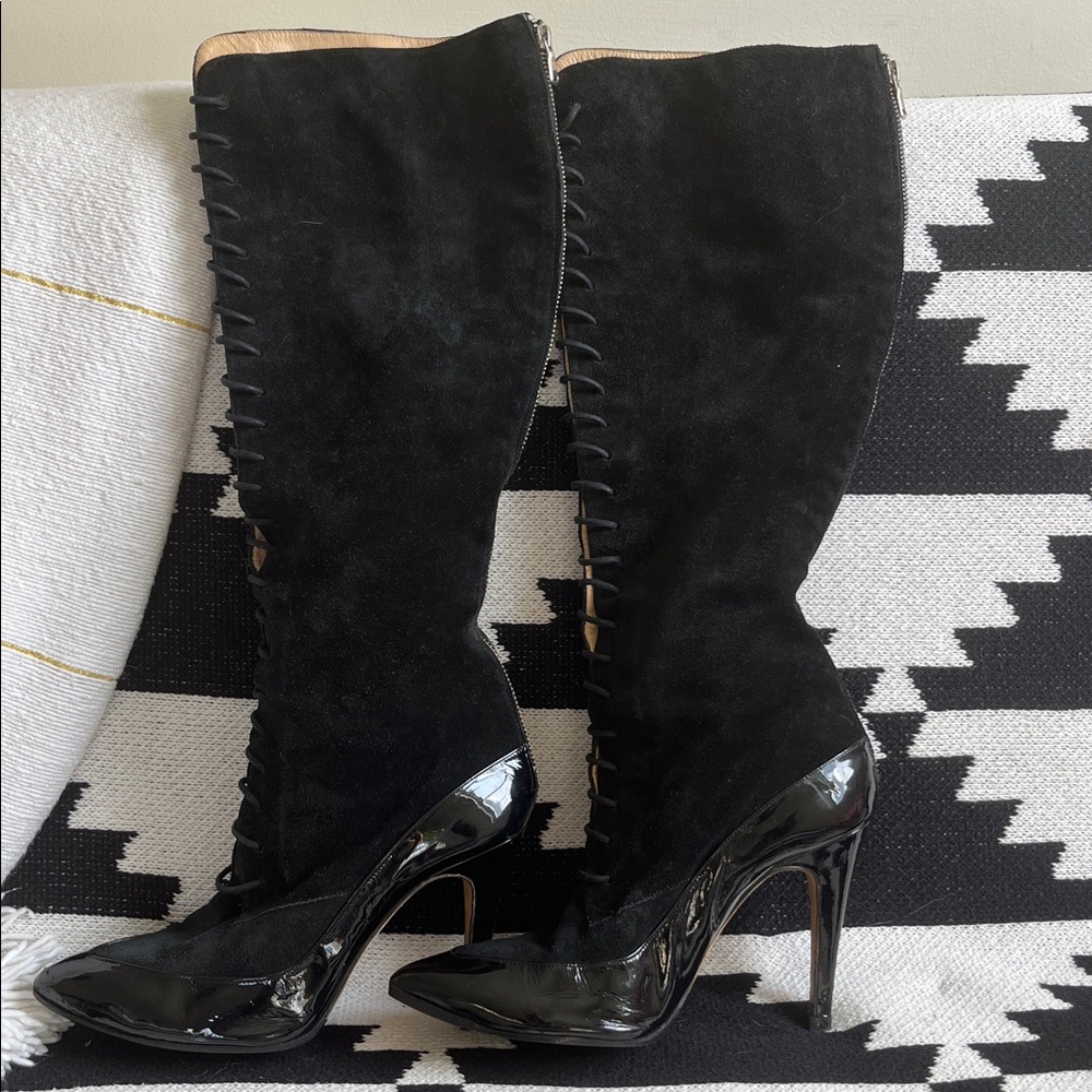 Carmen Marc Valvo Black Knee-High Lace-Up Women's Boots